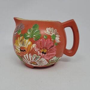 Vintage Ransburg Red Orange Ball Pitcher Hand Painted Flowers Floral Twee